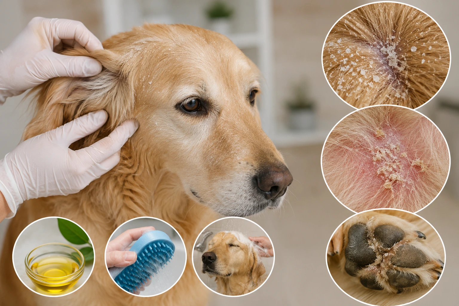 Golden Retriever showing signs of seborrhea with flaky skin, dandruff, and irritated patches while receiving veterinary skin examination and grooming care.