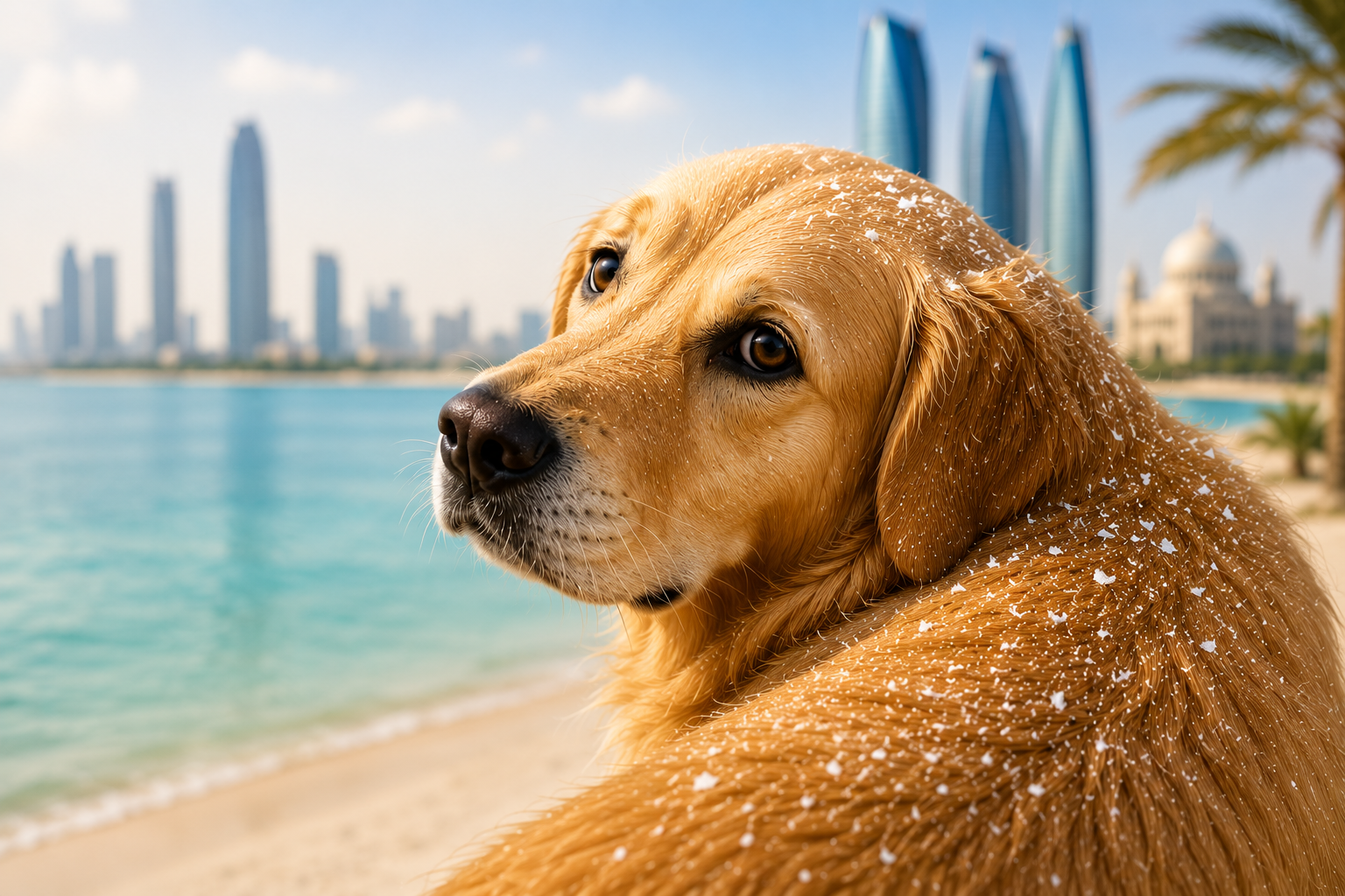 Golden Retriever with visible dandruff flakes on its coat standing by a beach with an Abu Dhabi city skyline in the background.