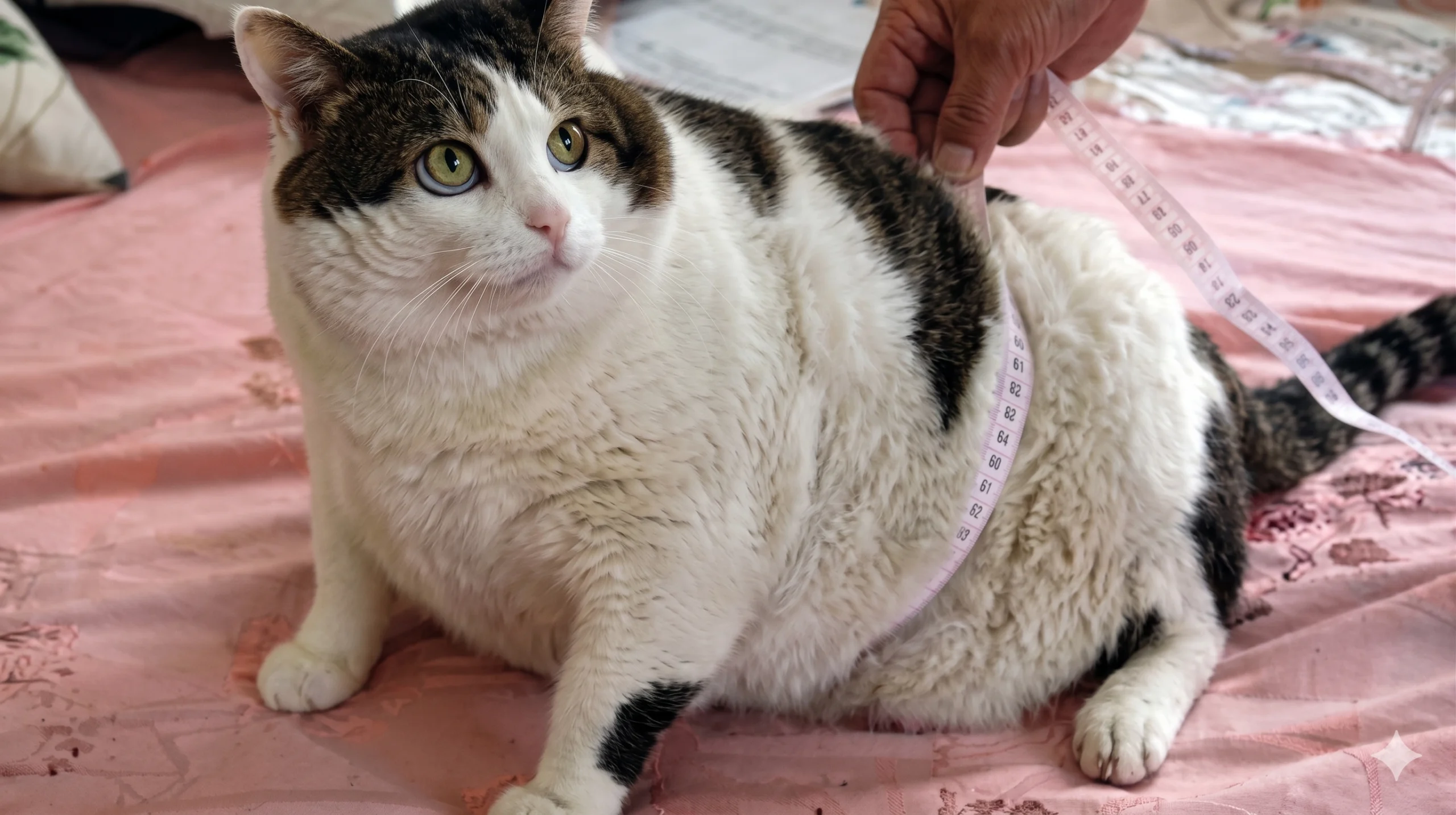 Overweight long-haired cat with matting on its back being gently brushed during grooming