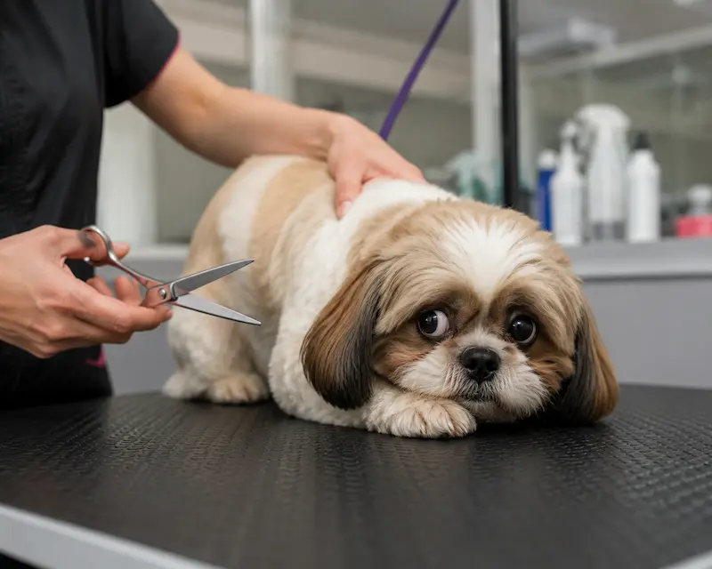 Nervous dog scared of grooming sitting on a salon table with tucked tail