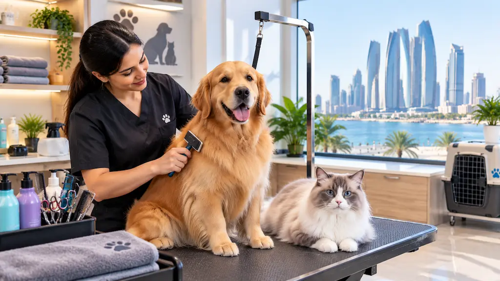 Dog and cat receiving professional grooming in Abu Dhabi