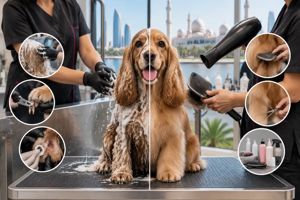 Professional pet grooming session showing a Cocker Spaniel being washed, brushed, and cared for by groomers.