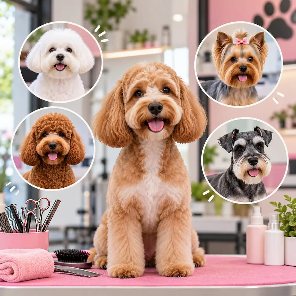 Popular dog haircut styles featuring Poodle, Maltese, Yorkshire Terrier, and Schnauzer grooming cuts.