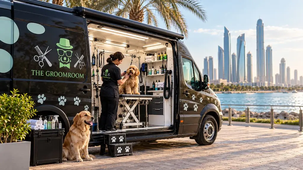 The Groom Room mobile pet grooming van in Abu Dhabi with a professional groomer caring for a dog inside a fully equipped van.