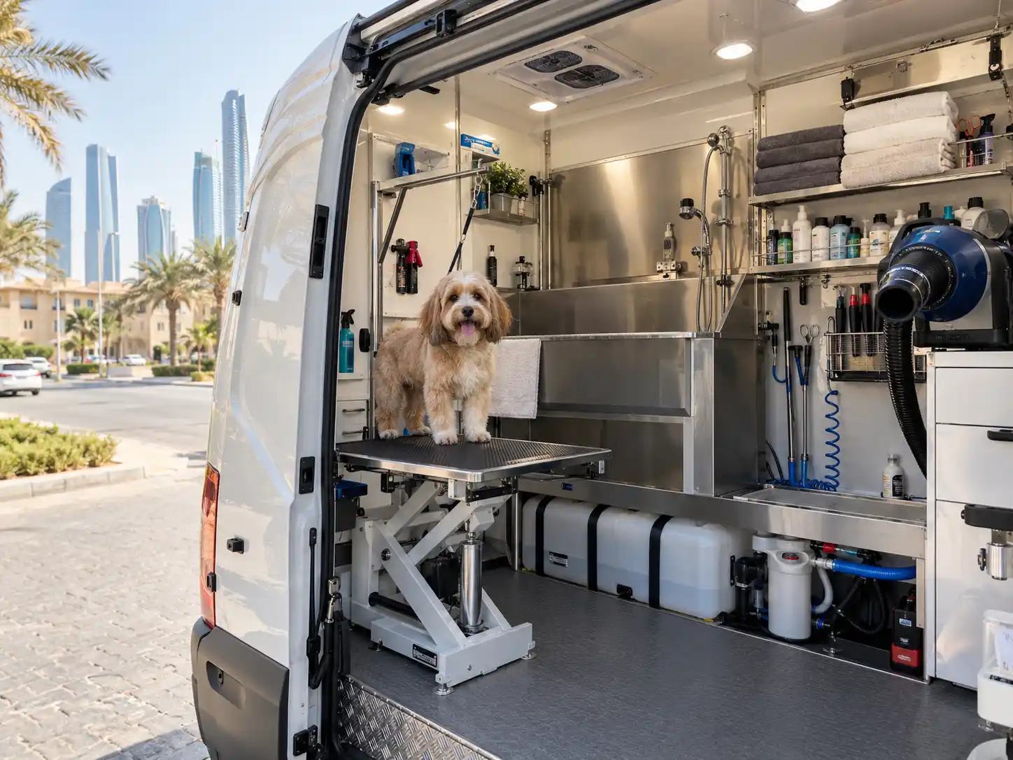 Inside a mobile pet grooming van in Abu Dhabi with a dog, grooming table, bathing station, dryers and equipment.